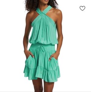 Women's Ramy Brook Sz Small Ziggy Halter Mini Dress Turquoise Elastic Waist